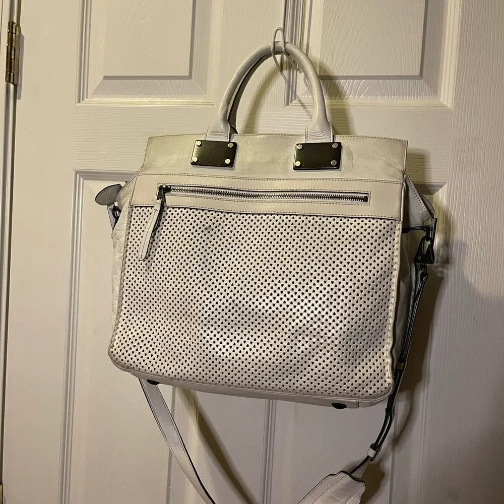 Rag and Bone Medium leather white Perforated Pilot satchel/ shoulder bag .